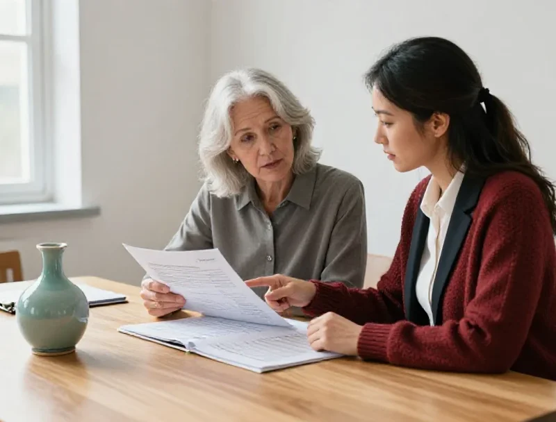 Une conseillère guide une femme senior en examinant ensemble un document informatif important.