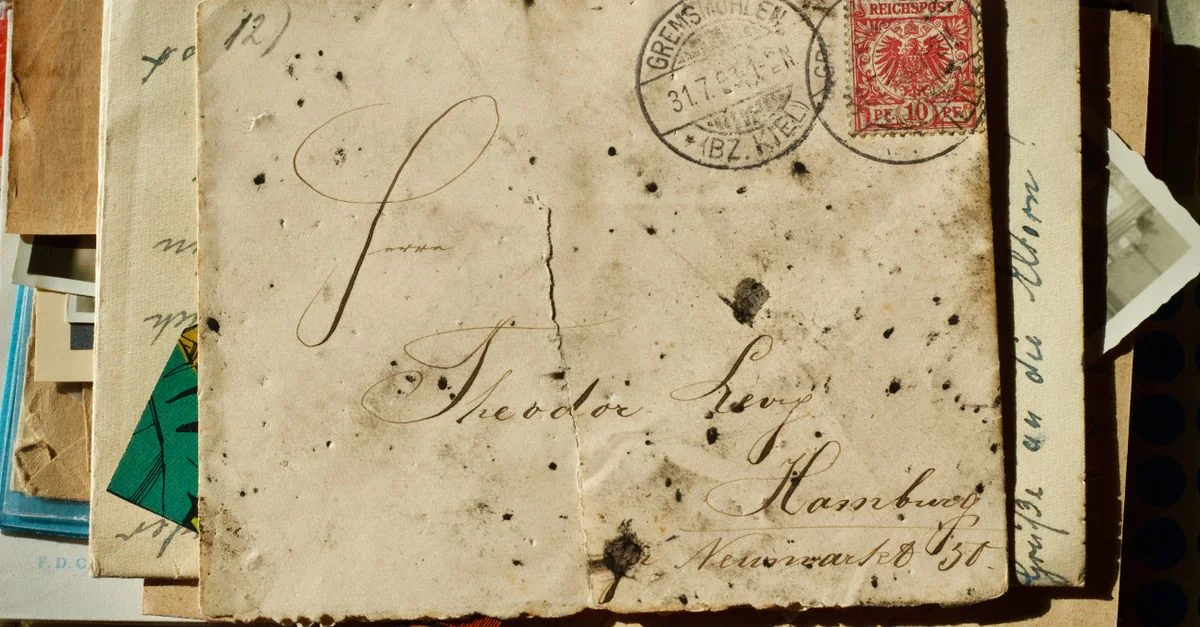 Une lettre vintage avec un taux de poste antique et un timbre Reichspost, vieillie et manuscrite.
