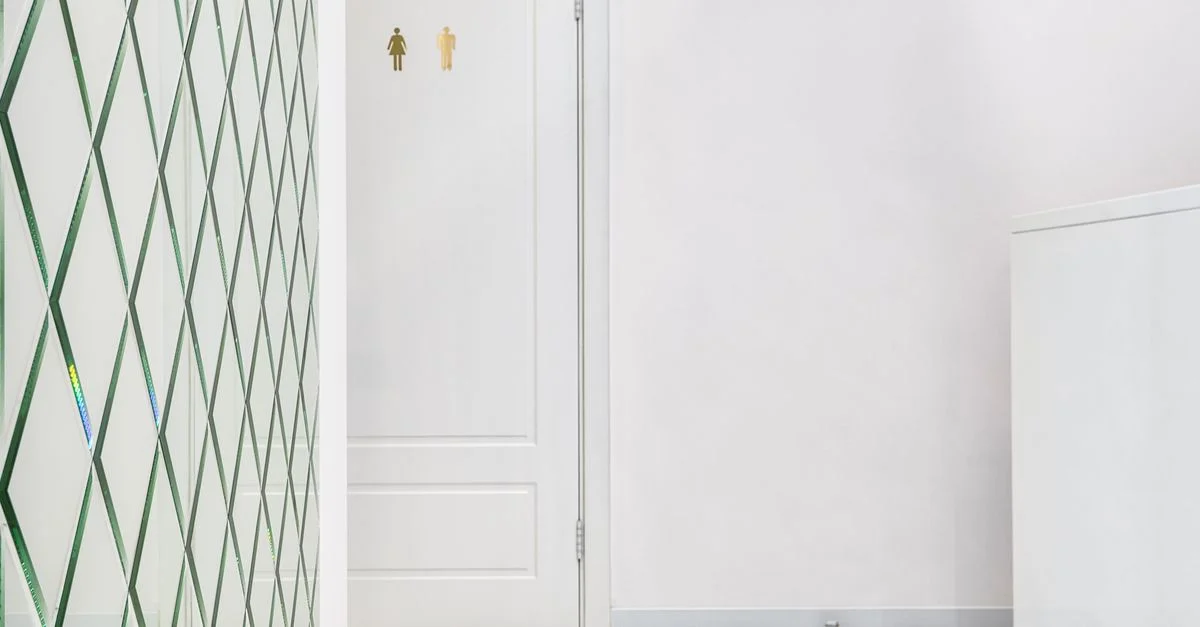 Entrée de toilettes moderne, lumineuse et propre avec mur en verre géométrique et porte blanche.