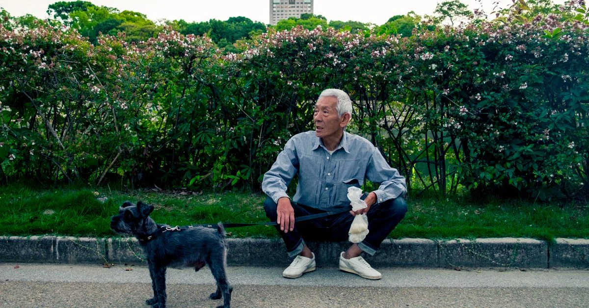 Un homme senior profite d'un moment avec son chien sur un bord de trottoir en ville, entouré de verdure.