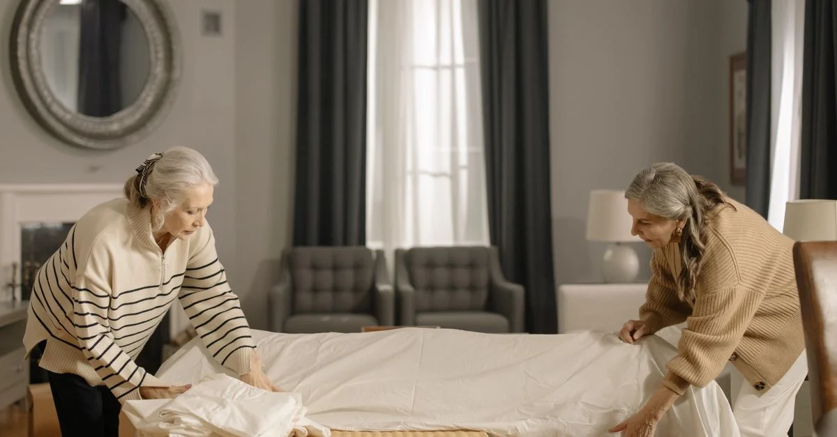 Deux femmes âgées plient des draps dans un salon, se préparant à déménager.
