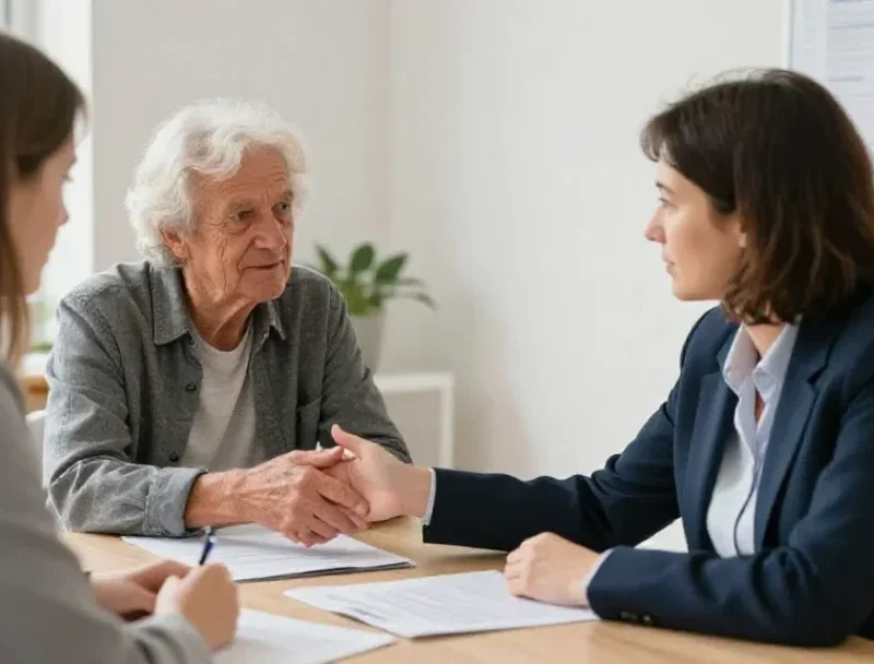 Une conseillère européenne accompagne un senior européen pour répondre à ses interrogations sur l'organisation de sa retraite.