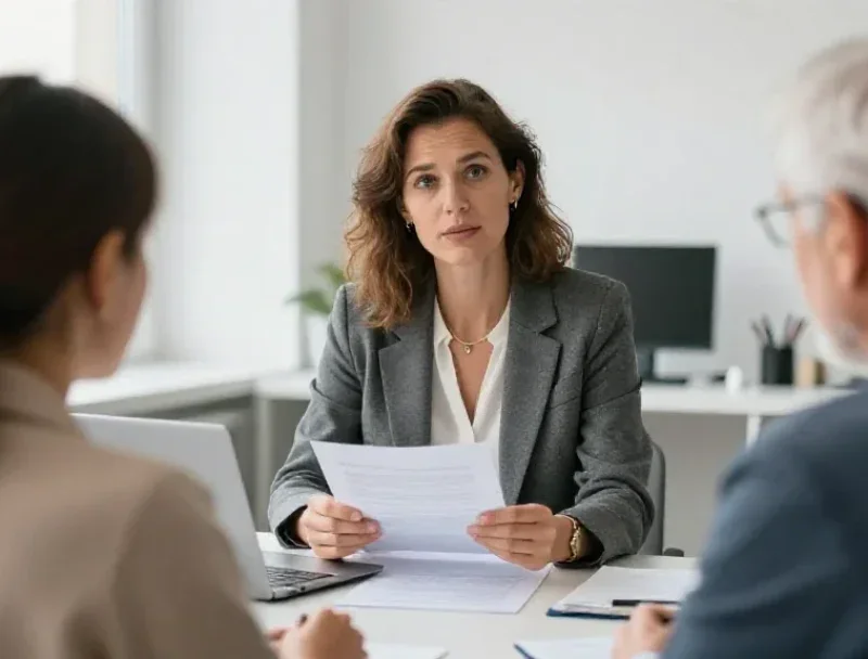 Une conseillère française accompagne un couple de seniors européen lors d'un entretien informatif dans un bureau lumineux.